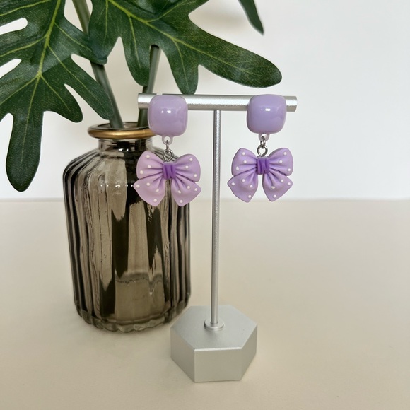 Cute Lolita Pink & Purple Bow Dangle Earrings Set - Polka-dot Bow Earrings - Picture 11 of 17